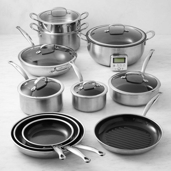 GreenPan&#8482; Premiere Stainless-Steel Ceramic Nonstick 15-Piece Cookware Set with Essential Pan