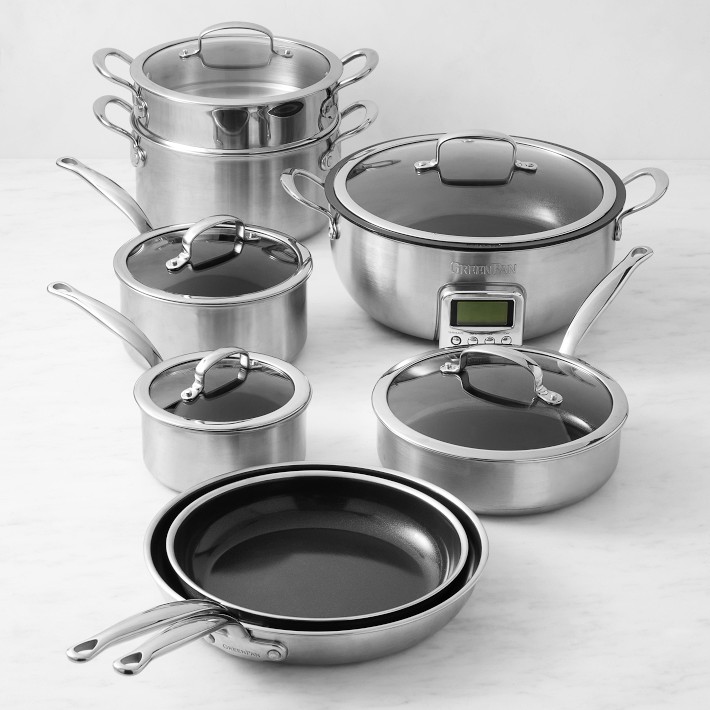 GreenPan&#8482; Premiere Stainless-Steel Ceramic Nonstick 11-Piece Cookware Set with Smart Skillet