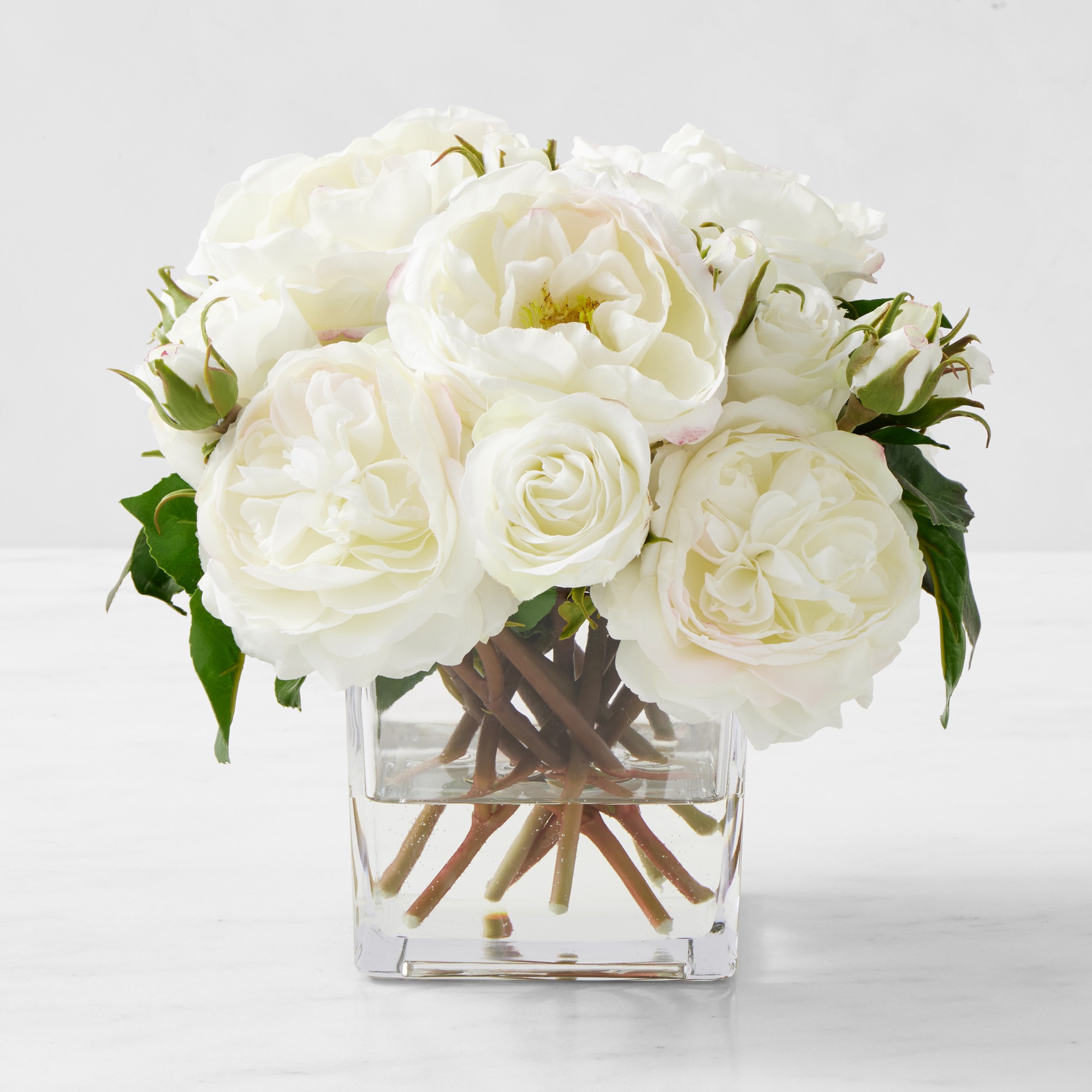 Faux White Rose Arrangement in Square Vase
