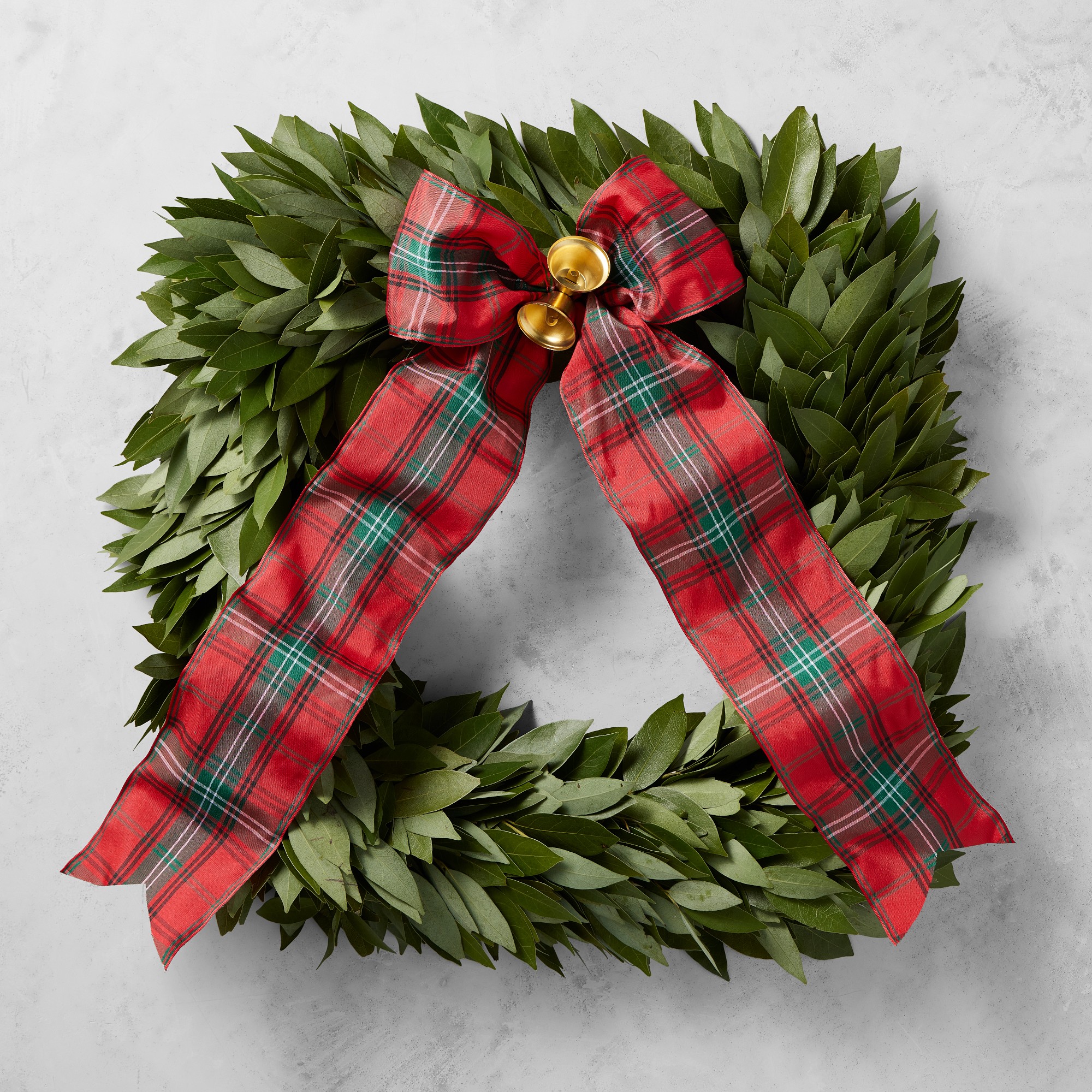 Bay Leaf Square Wreath with Tartan Ribbon, 16"