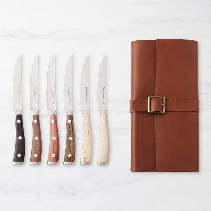 W&#252;sthof Ikon Mixed Wood Steak Knives with Leather Knives Roll, Set of 6