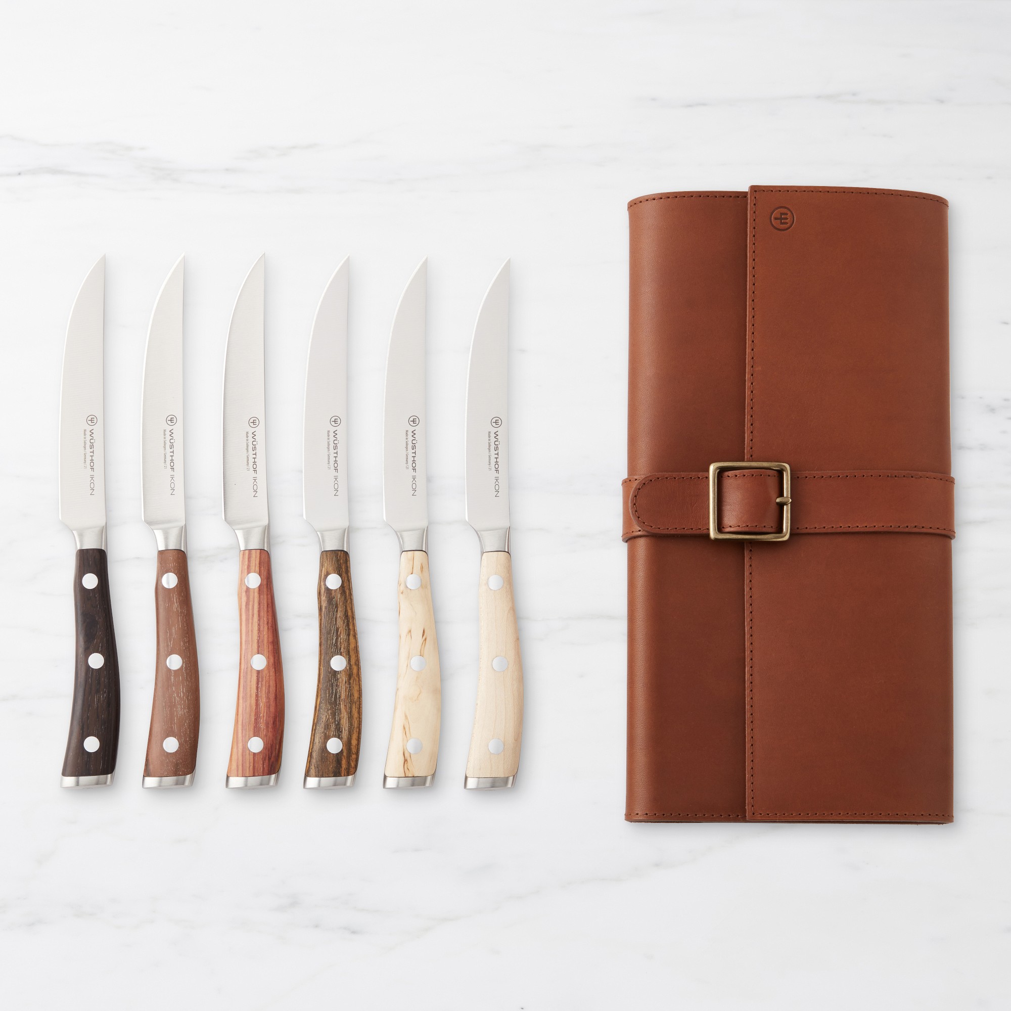 Wüsthof Ikon Mixed Wood Steak Knives with Leather Knives Roll, Set of 6
