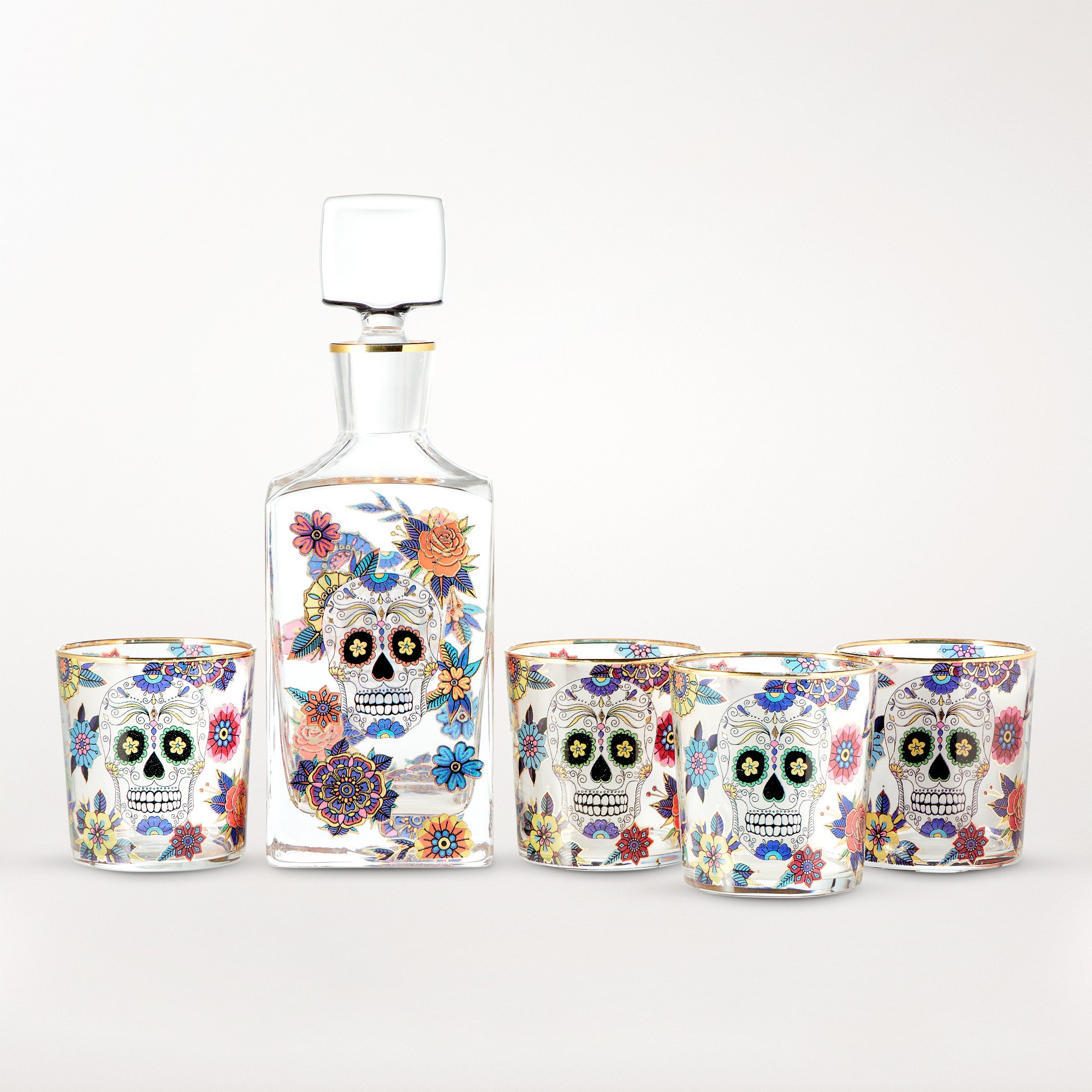 Day of the Dead Decanter and Tumblers, Set of 4