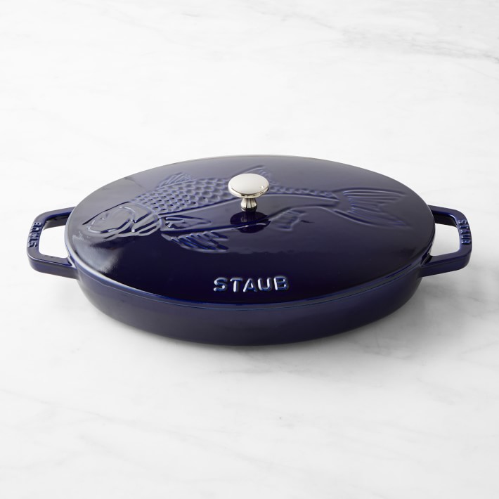Staub Enameled Cast Iron Oval Gratin with Sea Bass Embossed Lid