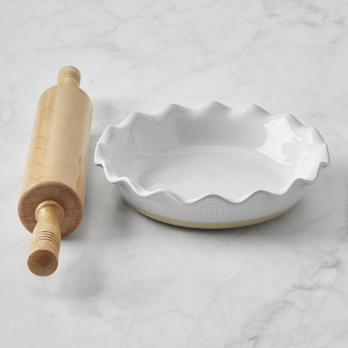 Emile Henry French Ceramic Artisan Ruffled Pie Dish, White & Maple Rolling Pin Set