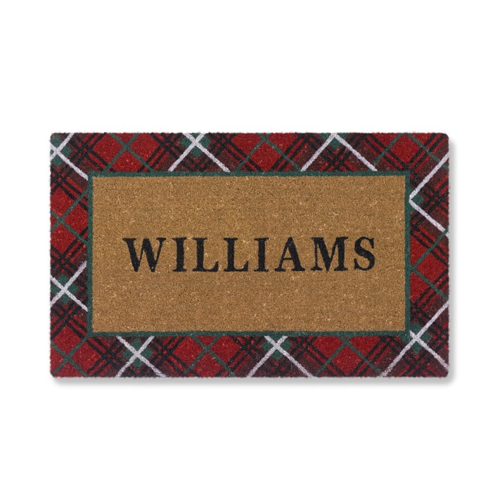 Red Tartan Holiday Doormat, Personalized