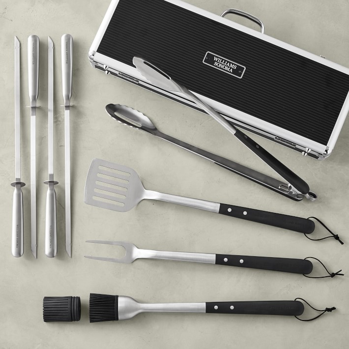 Williams Sonoma 4-Piece BBQ Set in Case, Black Handle and Skewers Pack