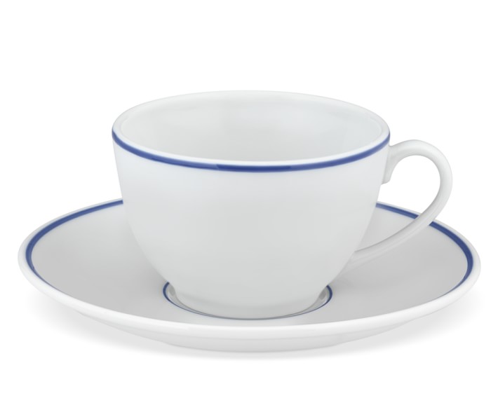 Apilco Tradition Porcelain Blue-Banded Cups & Saucers, Set of 4