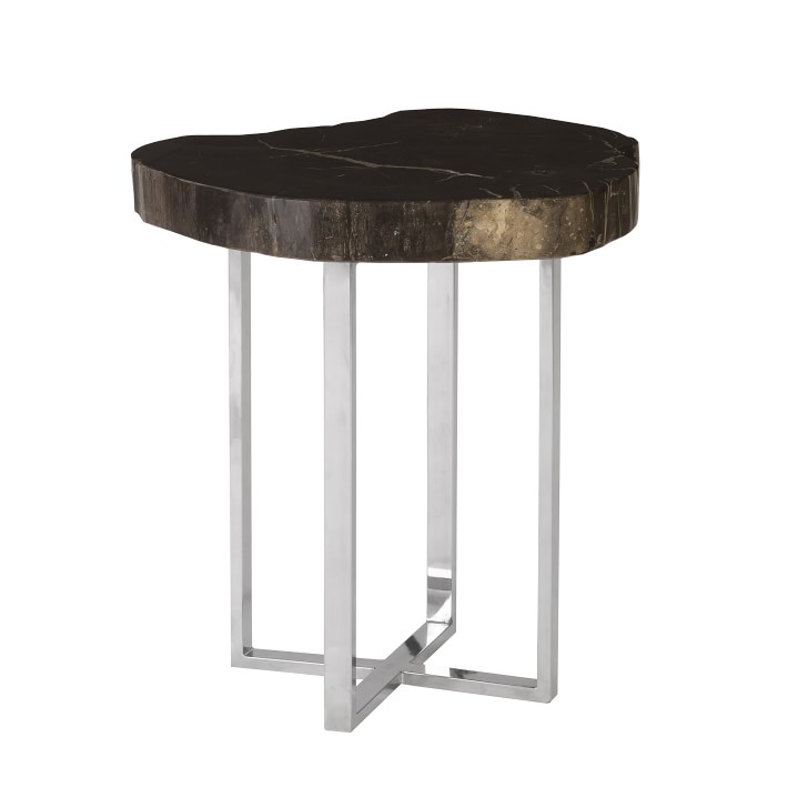 Petrified Wood Side Table, Espresso Wood, Stainless Steel