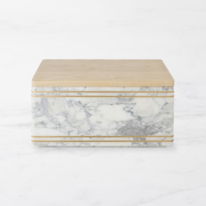 Williams Sonoma Arabescato Marble with Brass Inlay Bread Box