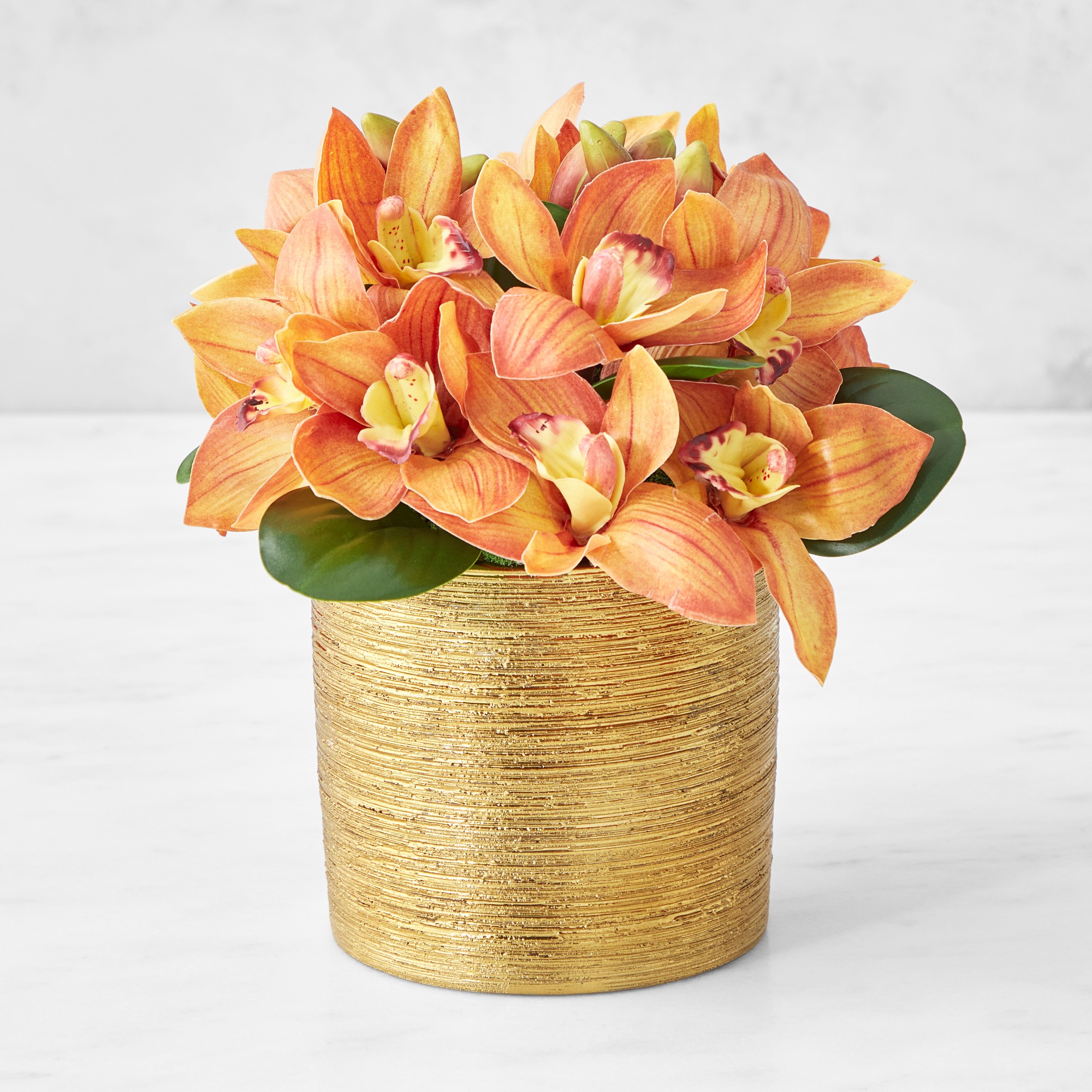 Gold Potted Faux Red Orchid Floral Arrangement