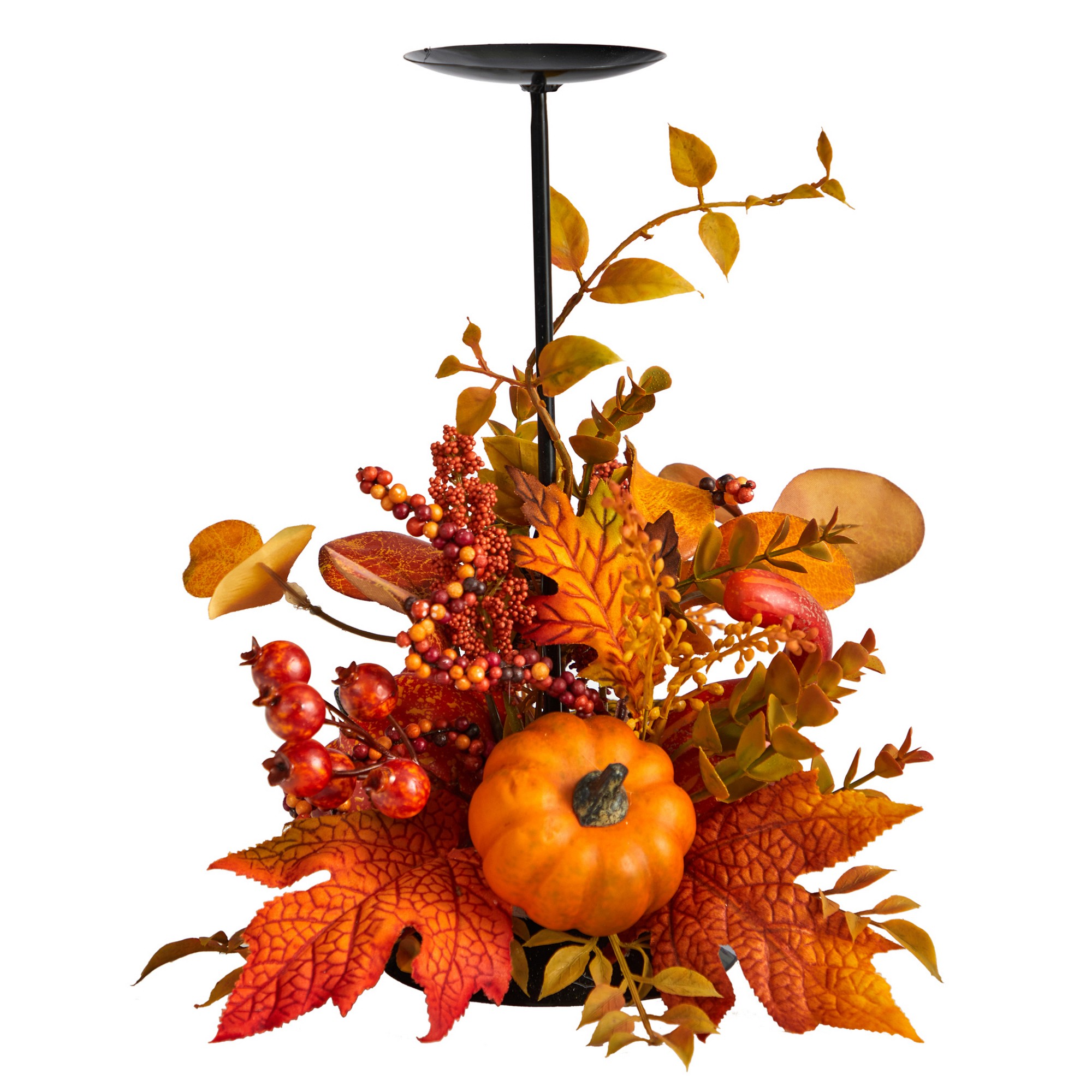 Fall Maple Leaves, Berries & Pumpkin Autumn Harvest Candle Holder, 12"