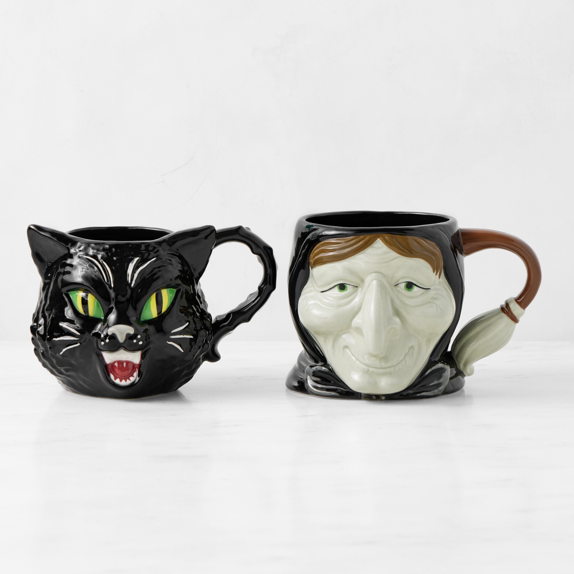 Figural Witch & Black Cat Mug Set