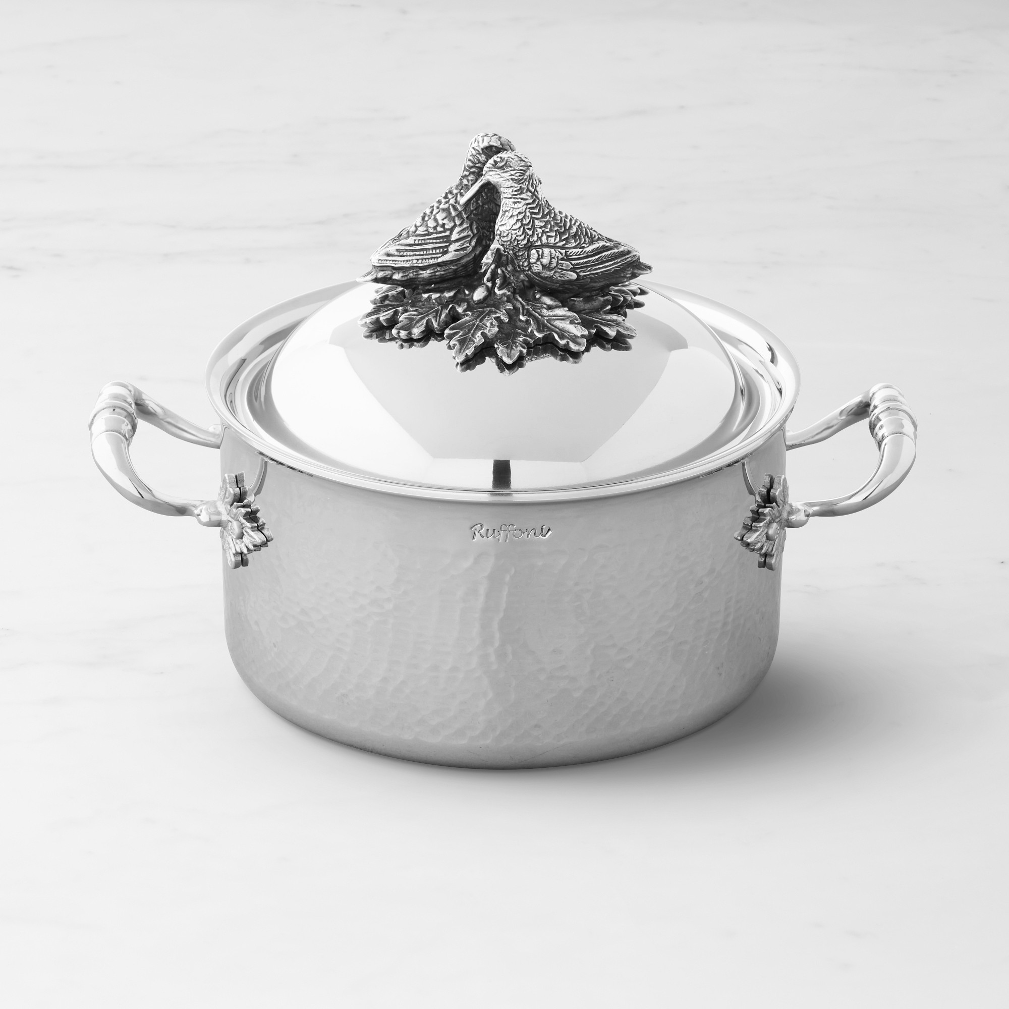 Ruffoni Opus Prima Hammered Stainless-Steel Soup Pot with Lovebirds Knob, 3 1/2-Qt.