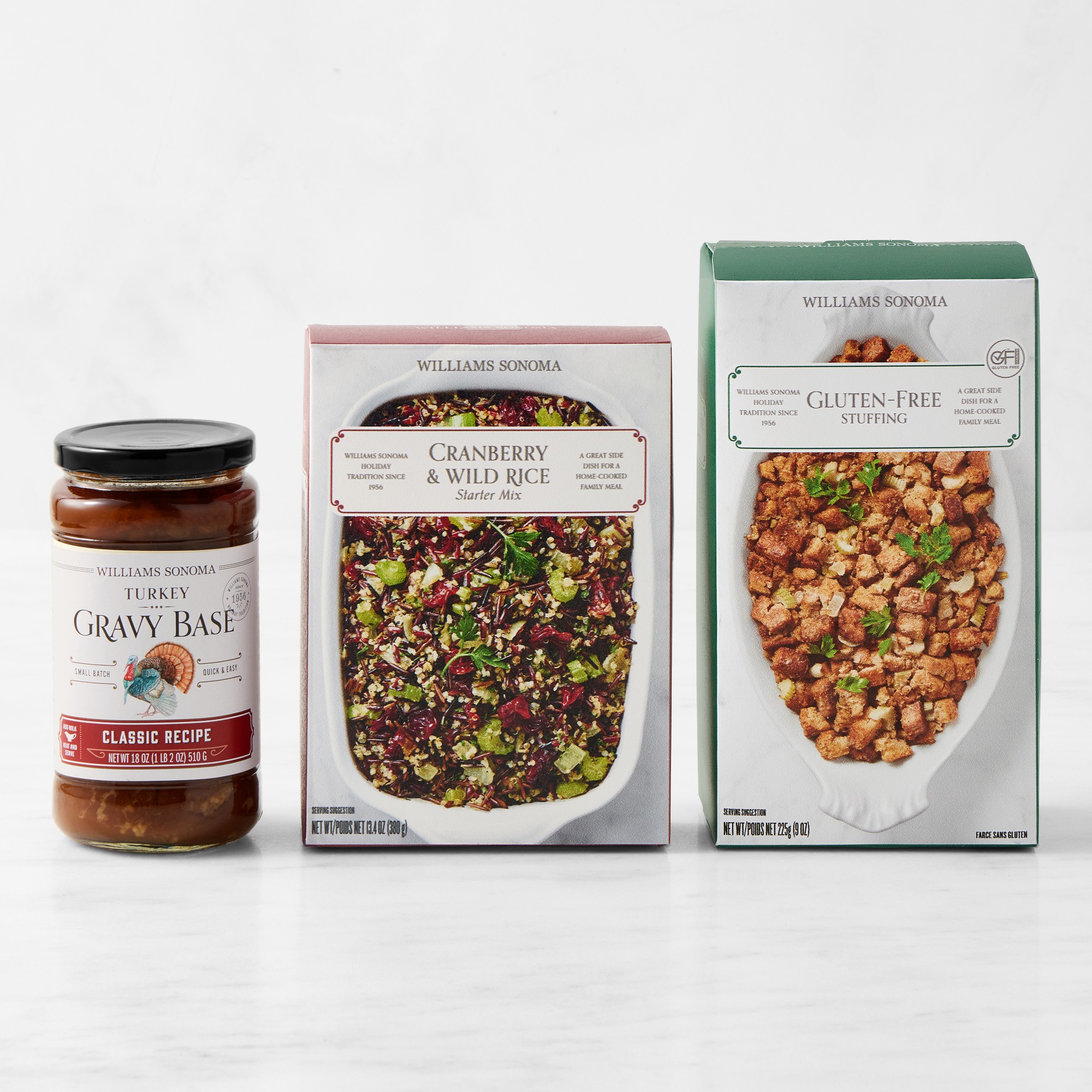 Williams Sonoma Gluten-Free Stuffing Mix, Cranberry Wild Rice Stuffing Mix, & Gravy Base Bundle