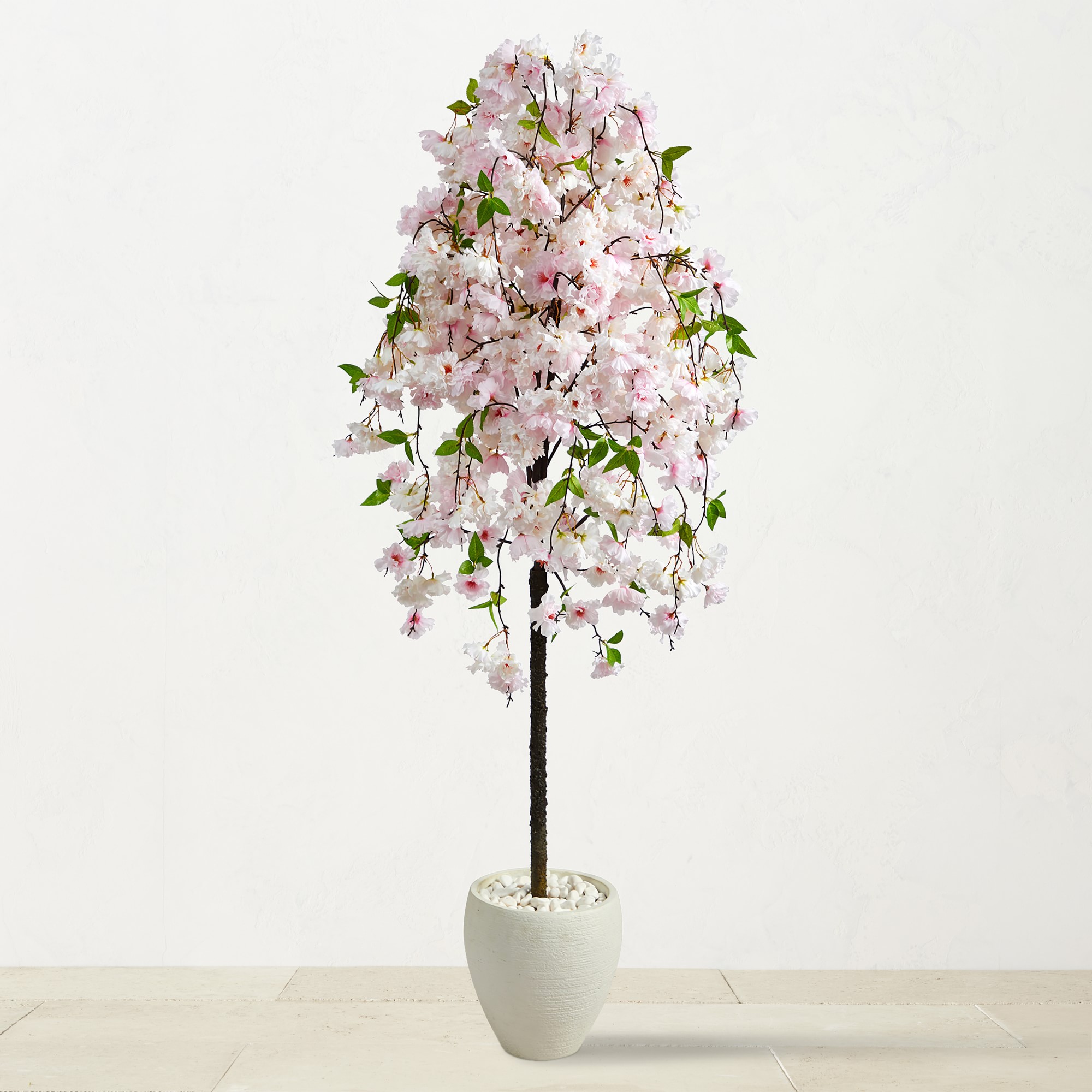 Faux Indoor Cherry Blossom Tree in White Planter, 5.8'