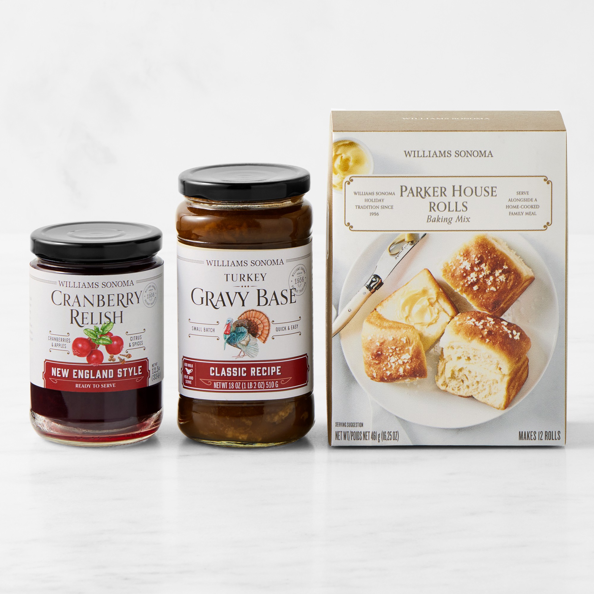 Williams Sonoma Parker House Rolls Baking Mix, Cranberry Relish, & Turkey Gravy Base Bundle