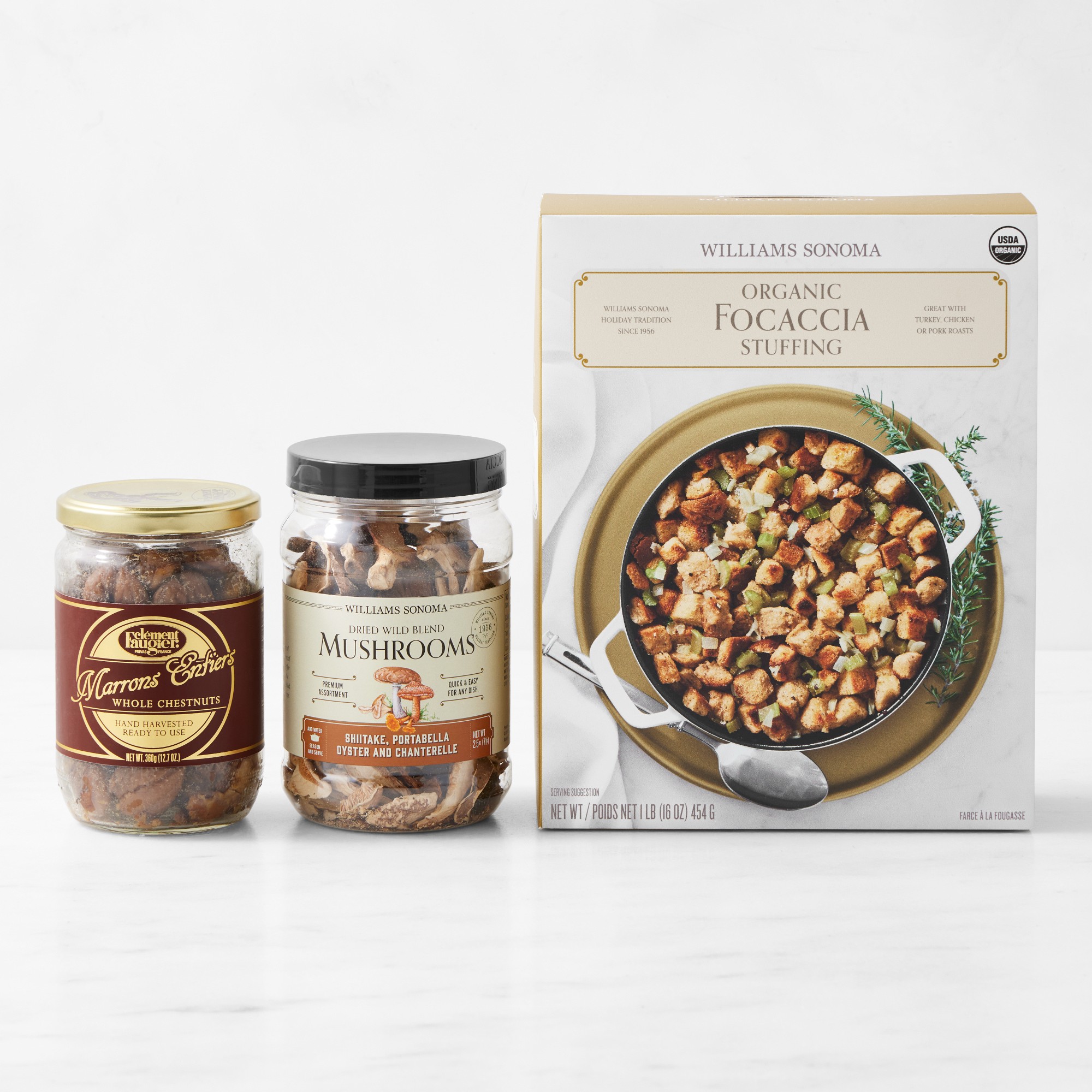 Williams Sonoma Focaccia Stuffing Mix, Dried Mushroom Blend & Steamed Whole Chestnuts Bundle