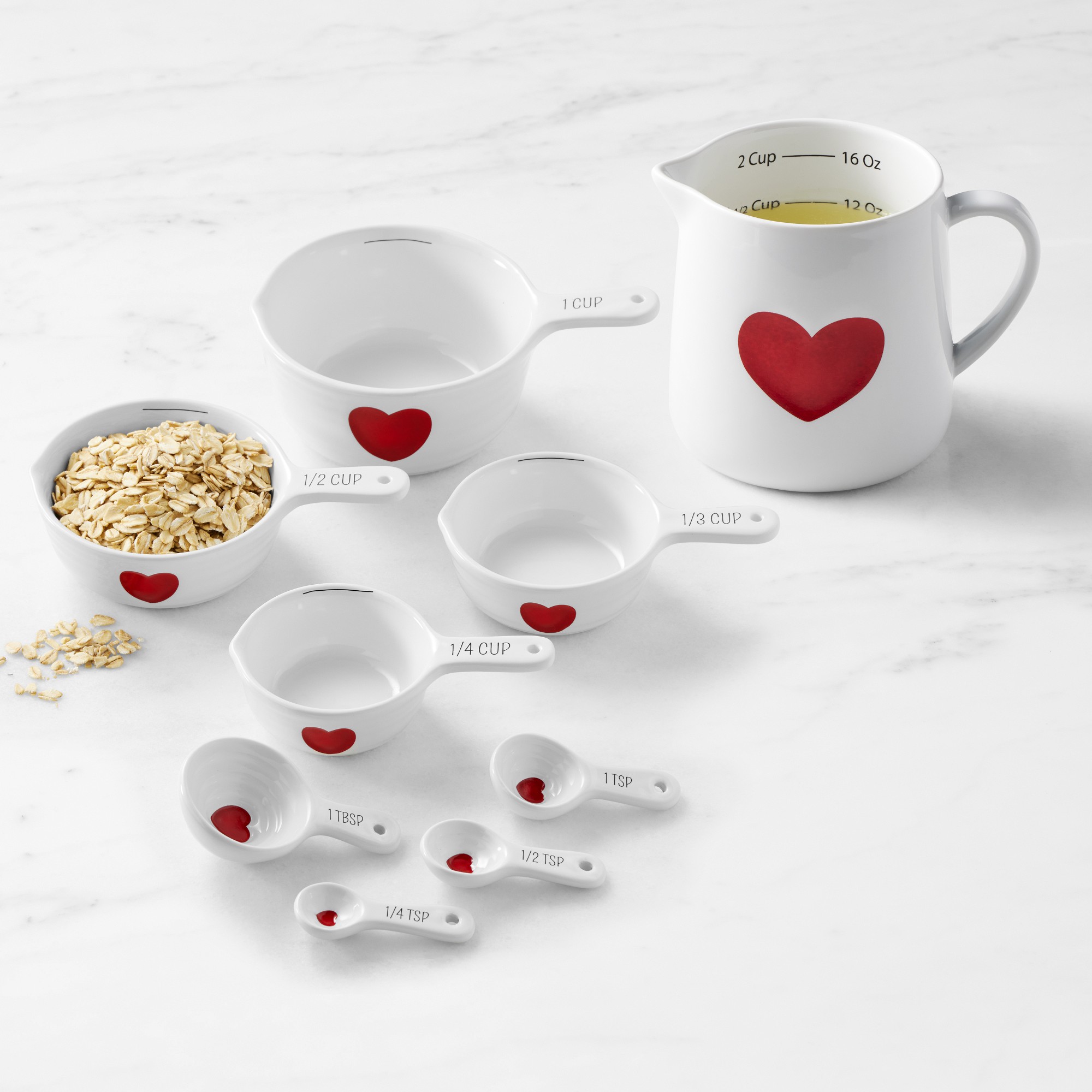 Williams Sonoma Ceramic Heart Cups + Spoons and Liquid Measuring Cup Set