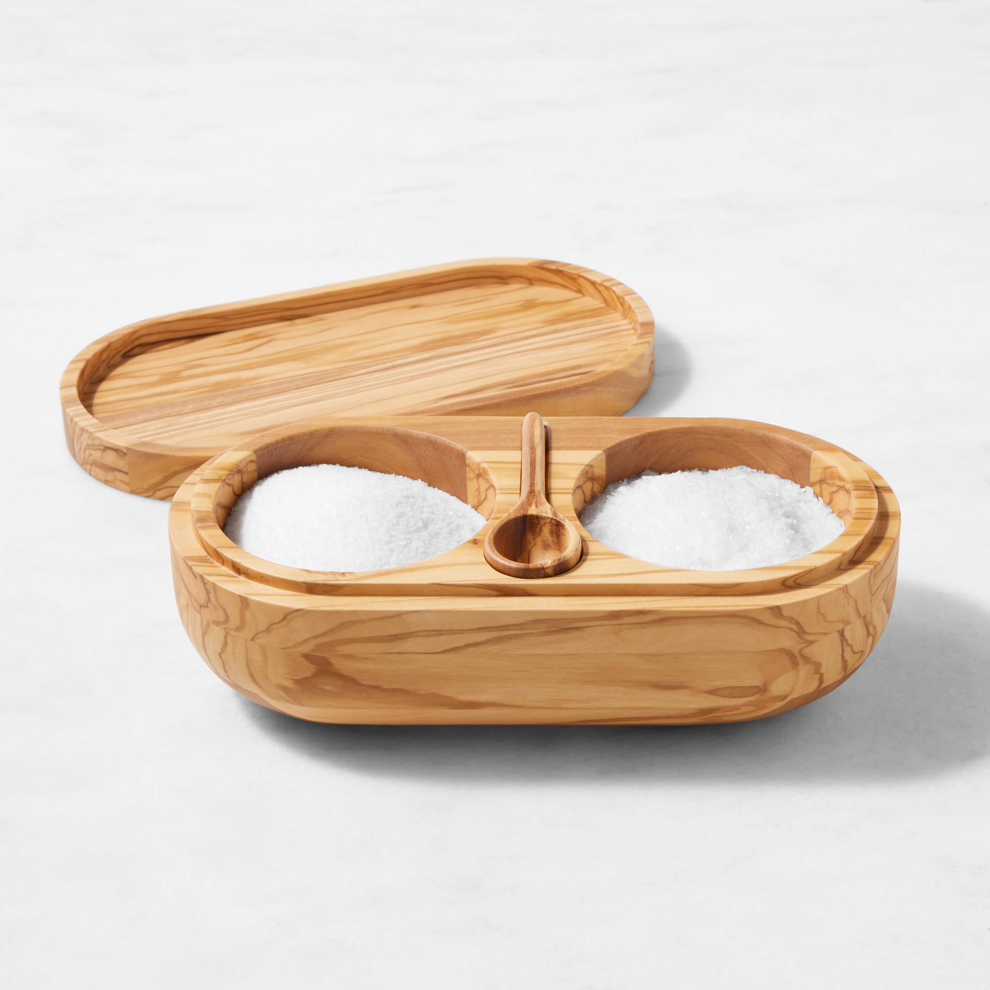 Williams Sonoma Olivewood Double Salt Cellar with Spoon