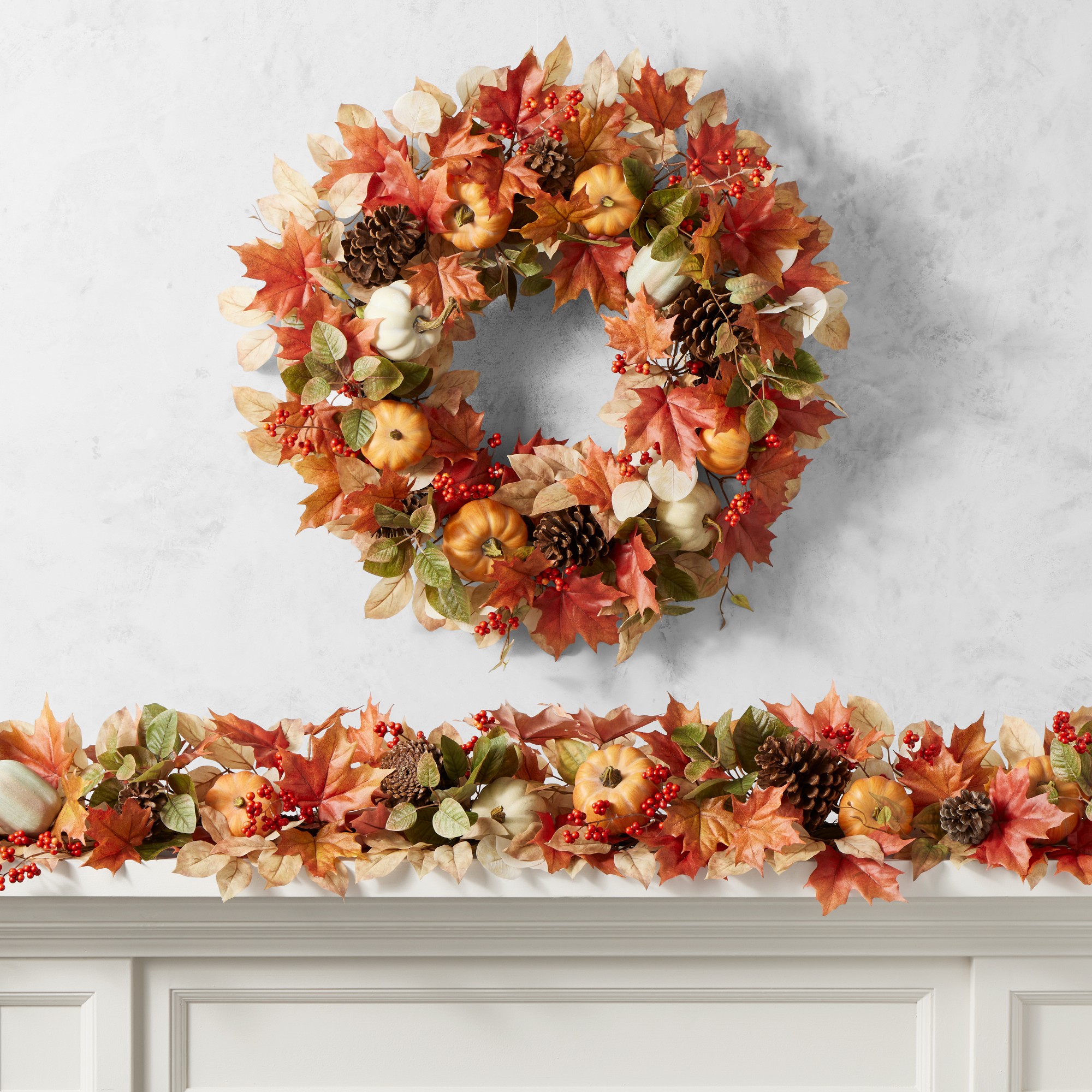 Outdoor Fall Pumpkin and Maple Leaves Faux Wreath & Garland