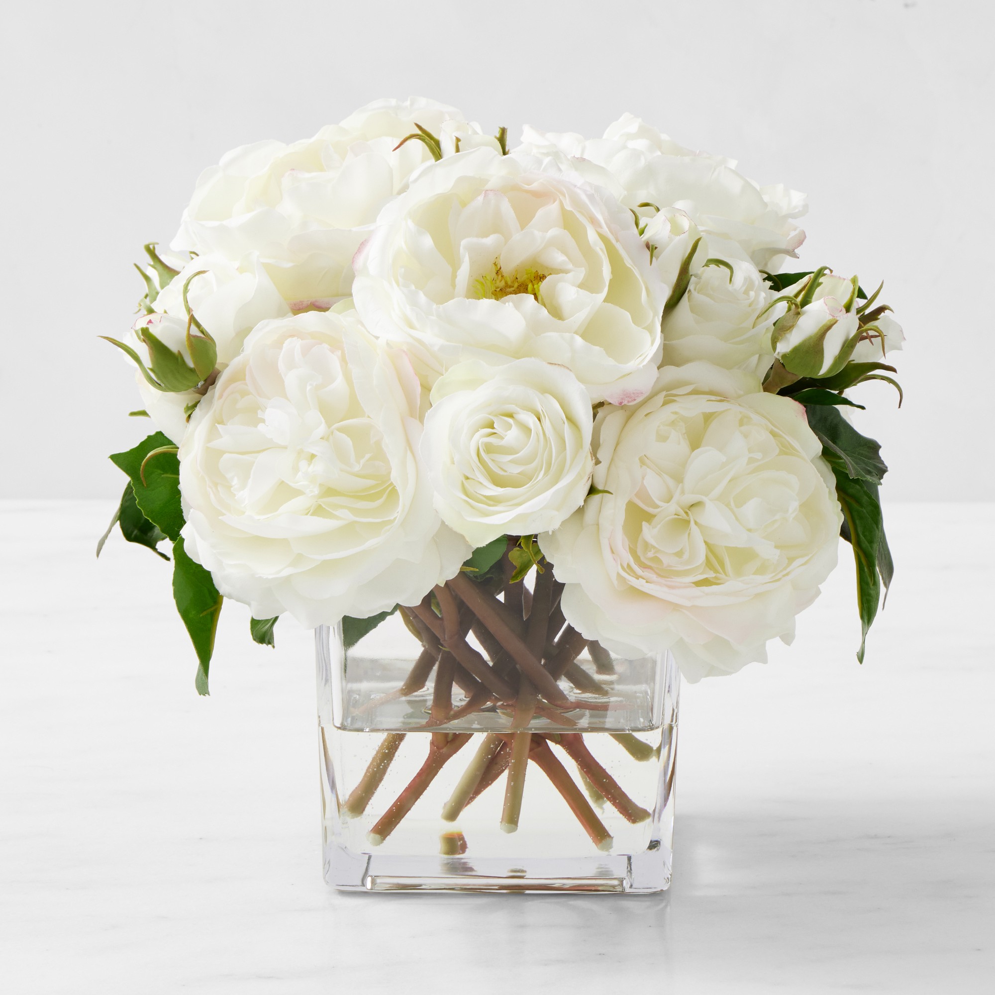 Faux White Rose Arrangement in Small Square Vase