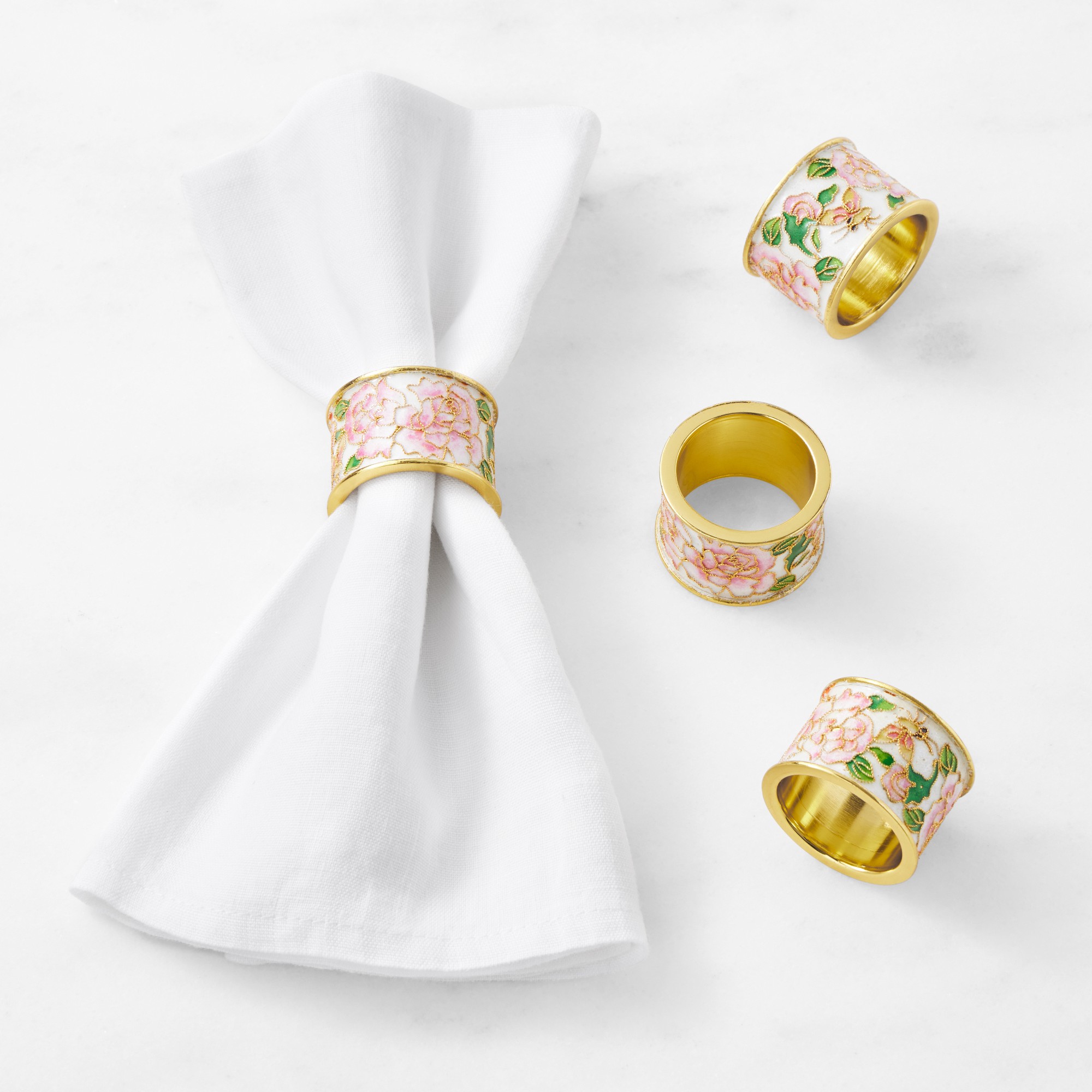 Cloisonné Rose Napkin Rings, Set of 4