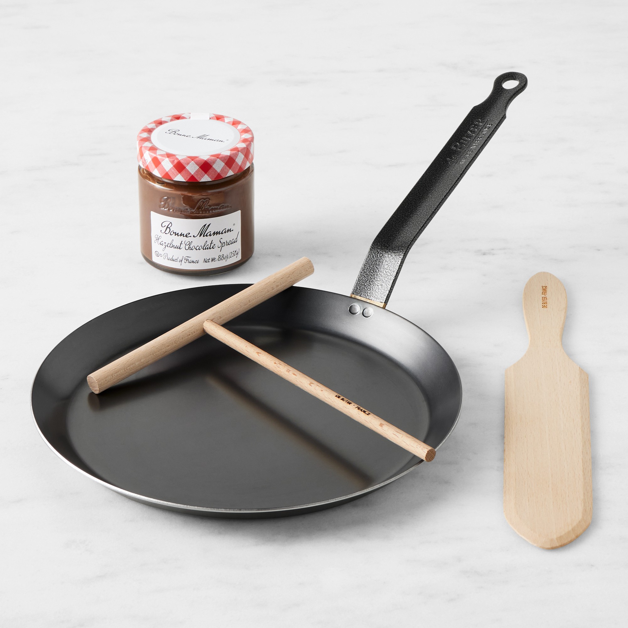 De Buyer Blue Carbon Steel Crepe Kit with Bonne Maman, 9 1/2"