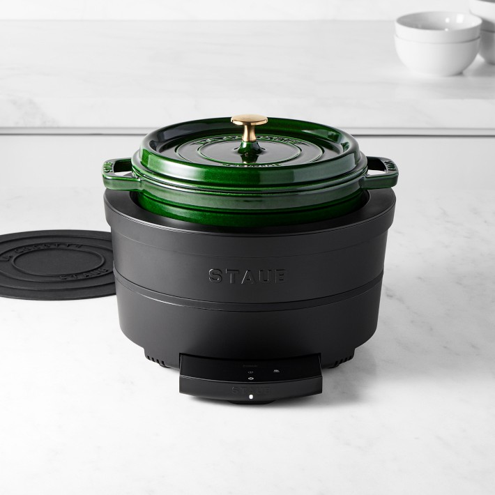 Staub Induction Multi-Cooker & Adapter Ring with 4-Qt. Staub Round Oven, Basil with Brass Knob