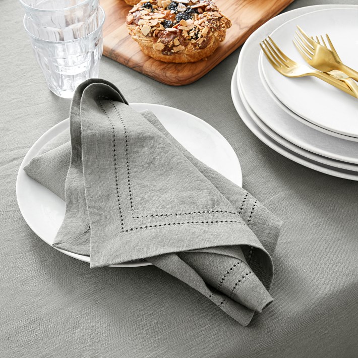 Linen Napkins 2024 With Blue Scalloped Hemstitch Edges, Set of 4