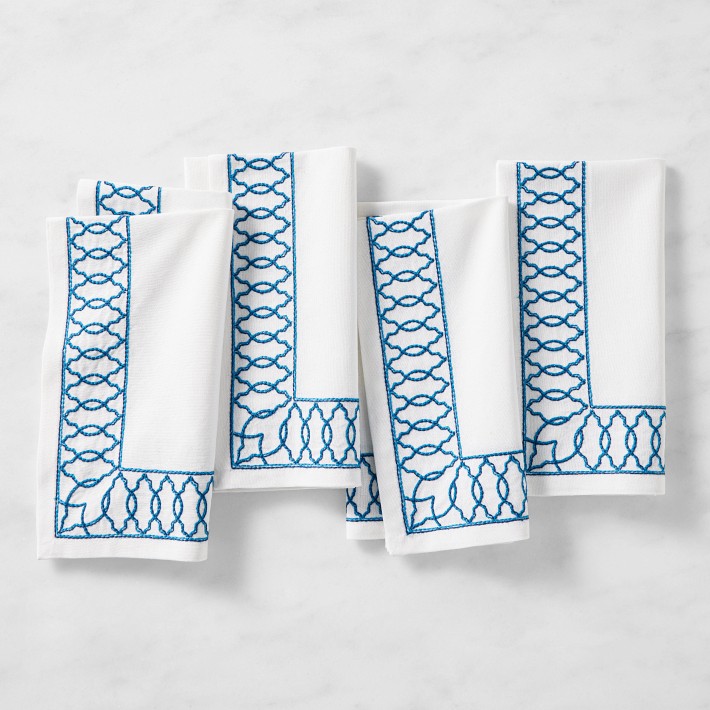 Embroidered Lattice Napkins, Set of 4, Blue