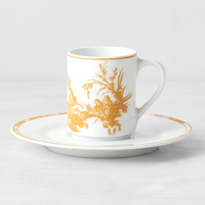 Pillivuyt French Toile Porcelain Espresso Cups & Saucers, Set of 2, Yellow