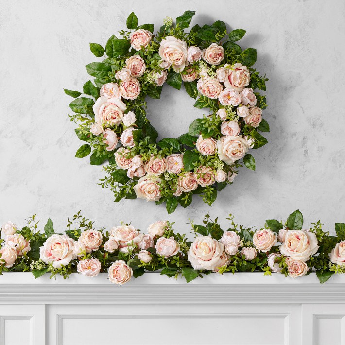 UV Protected Famille Rose Pink Faux Wreath &amp; Garland