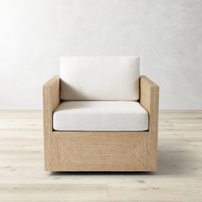 Point Reyes Swivel Armchair Standard Sunbrella Performance Canvas White White with Flax Piping Williams Sonoma