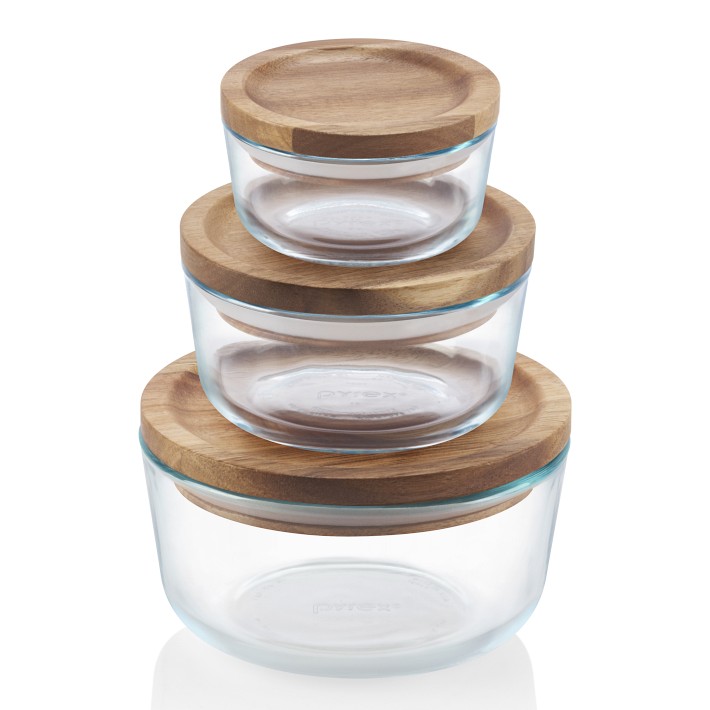 Pyrex Round Glass Storage Set with Wood Lids, Set of 6