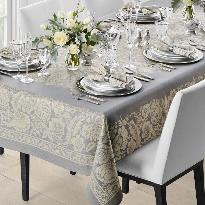 Vintage Floral Jacquard Tablecloth, 70" x 126", Grey