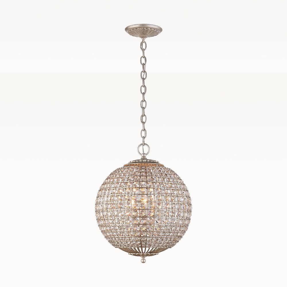 Renwick Sphere Chandelier, Burnished Silver Leaf, Crystal, Small
