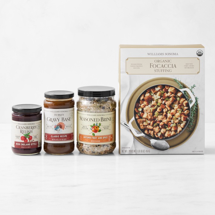 Williams Sonoma Gravy Base, Focaccia Stuffing, Autumn Fruit Brine & Cranberry Relish Bundle