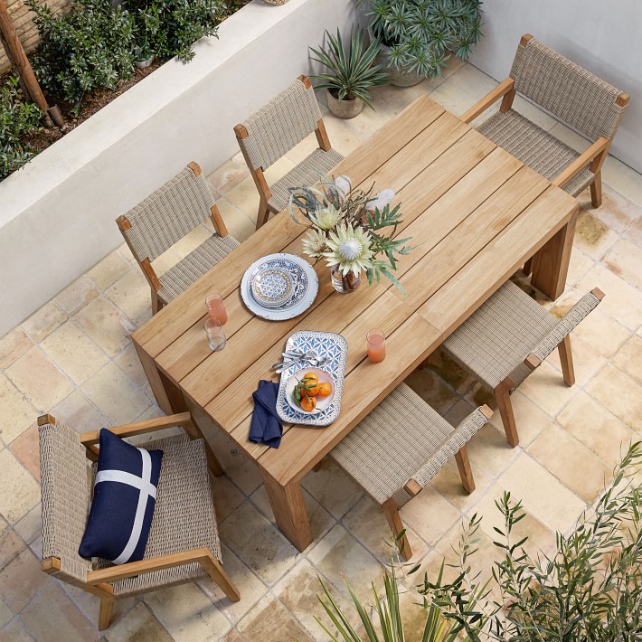 Larnaca Teak Extendable Dining Table &amp; All-Weather Weave Dining Chairs (72&quot;-94&quot;)
