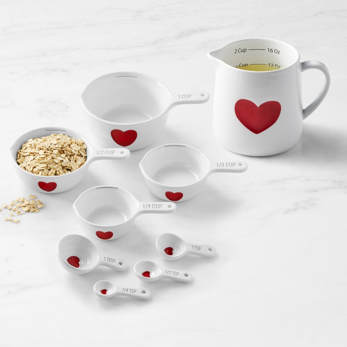 Williams Sonoma Ceramic Heart Cups + Spoons & Liquid Measuring Cup Set