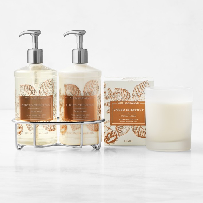Williams Sonoma Spiced Chestnut Hand Soap, Hand Lotion and Candle 4-Piece Set, Deluxe, Stainless