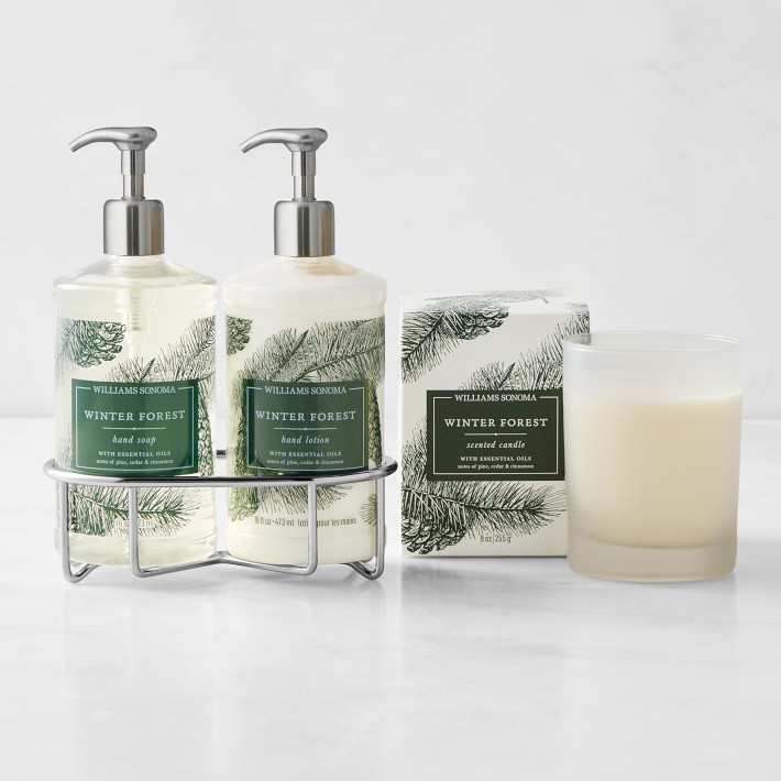 Williams Sonoma Winter Forest Hand Soap, Hand Lotion and Candle 4-Piece Set, Deluxe, Stainless