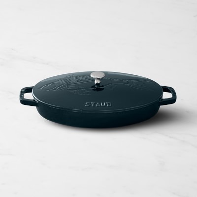 Staub Enameled Cast Iron Oval Gratin with Sea Bass Embossed Lid, 2 1/4-Qt., La Mer