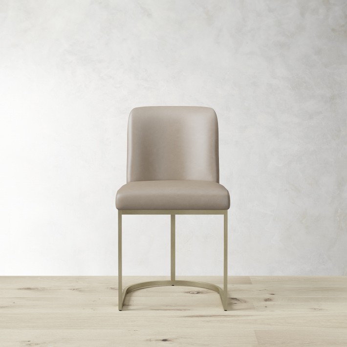 Bradley Curved Back Side Chair, Standard Cushion, Milano Leather Grey, Antique Brass