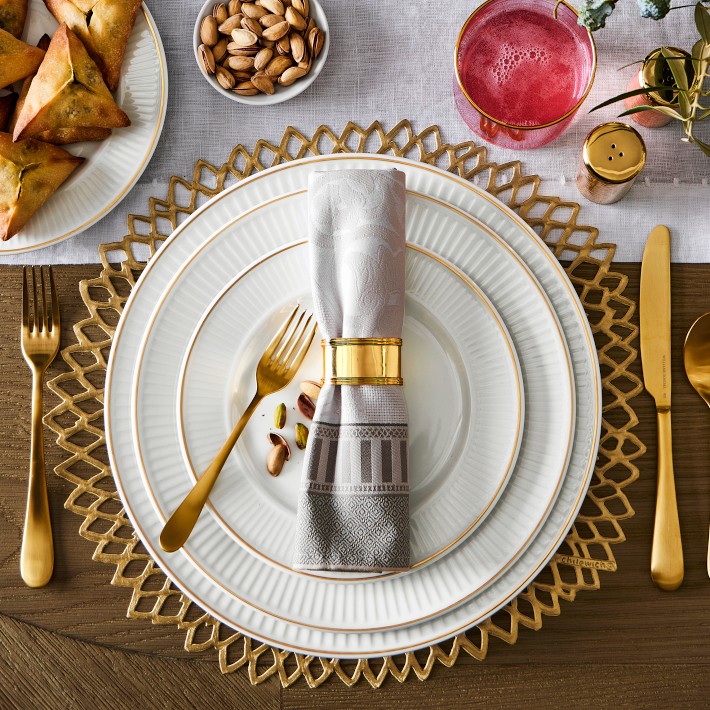 Pillivuyt Plisse Gold Porcelain Dinner Plates, Set of 4