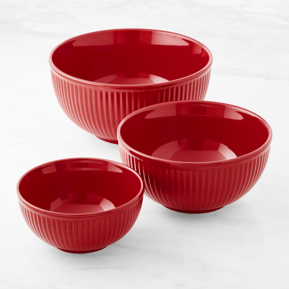 Red Ribbed Ceramic Mixing Bowls, set of 3