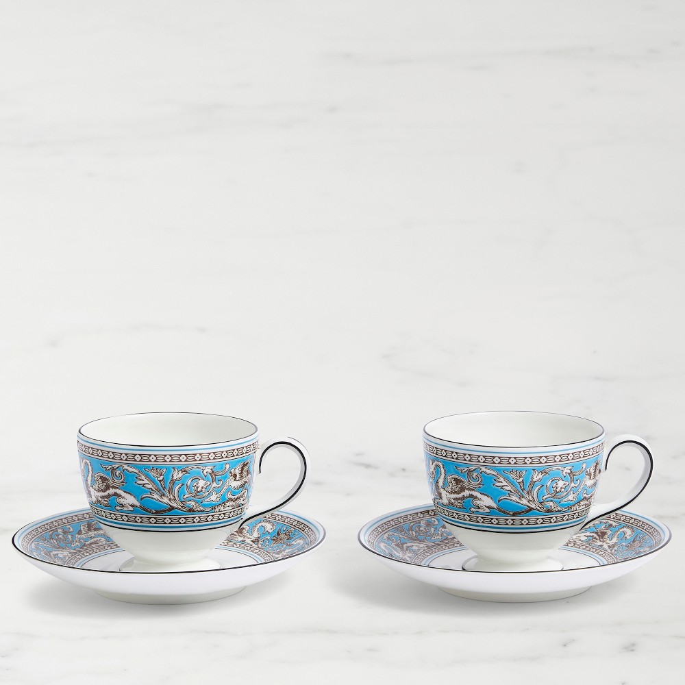 Wedgwood Florentine Turquoise Cups & Saucers, Set of 2