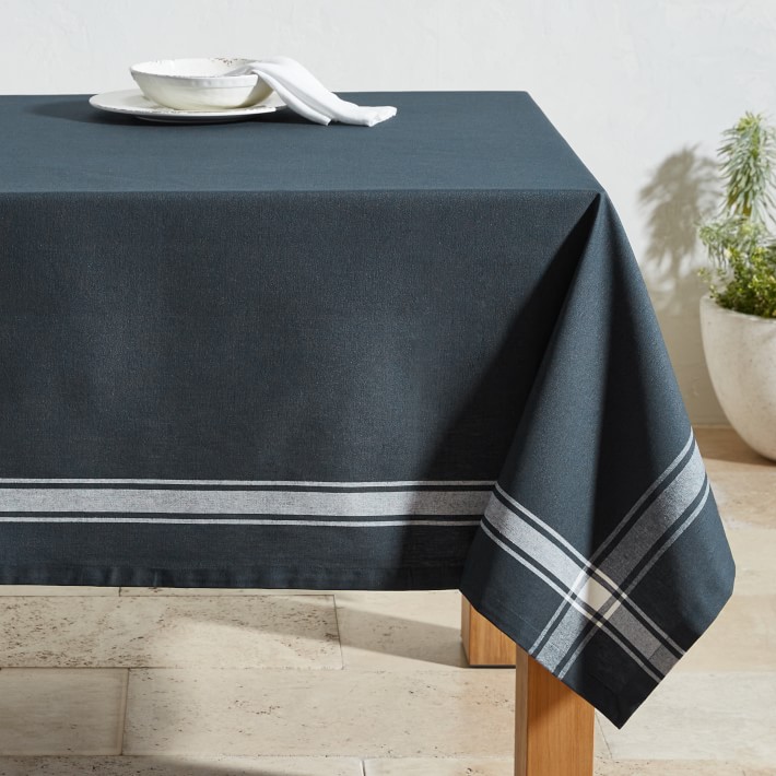 Navy Oilcloth Outdoor Tablecloth, 70" X 108", With Umbrella Hole