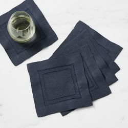 Linen Double Hemstitch Coasters, Set of 6, Navy