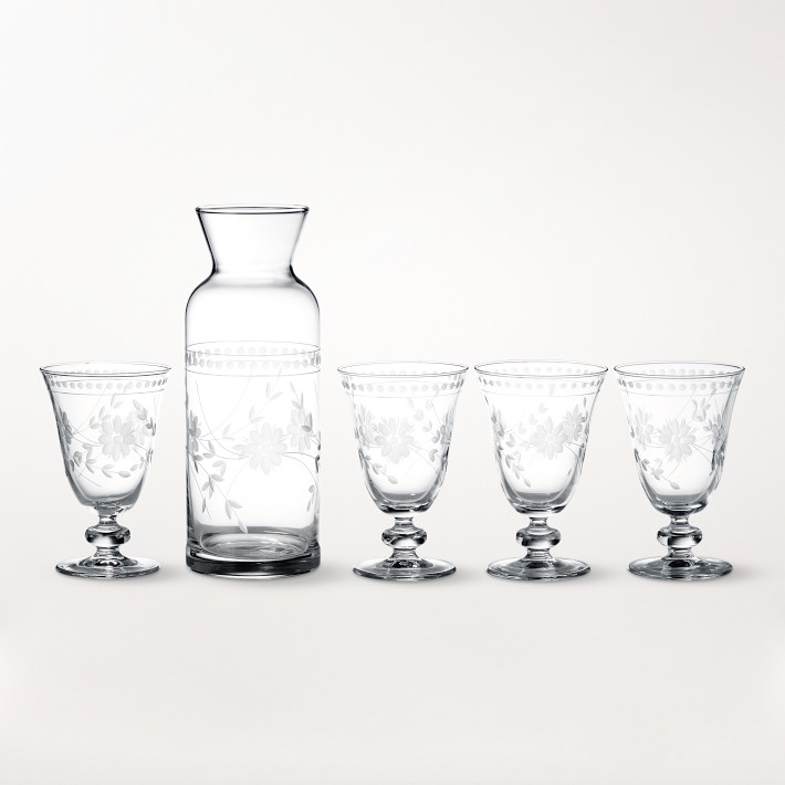 Vintage Etched Carafe & Set of 4 Goblets